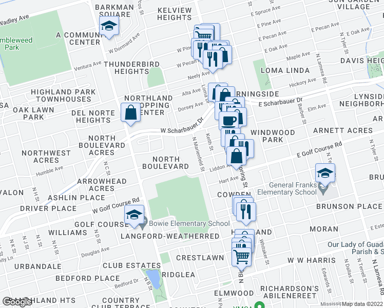 map of restaurants, bars, coffee shops, grocery stores, and more near 1910 North Marienfeld Street in Midland