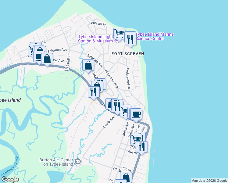map of restaurants, bars, coffee shops, grocery stores, and more near 20 Solomon Avenue in Tybee Island