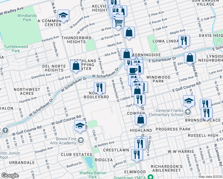 map of restaurants, bars, coffee shops, grocery stores, and more near 1910 North Marienfeld Street in Midland