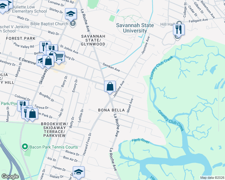 map of restaurants, bars, coffee shops, grocery stores, and more near 5406 La Roche Avenue in Savannah