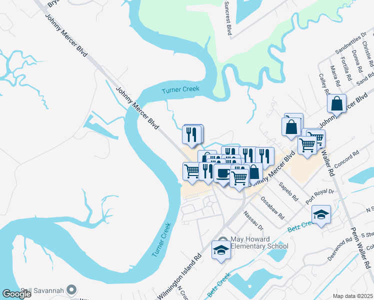 map of restaurants, bars, coffee shops, grocery stores, and more near 138 Johnny Mercer Boulevard in Savannah