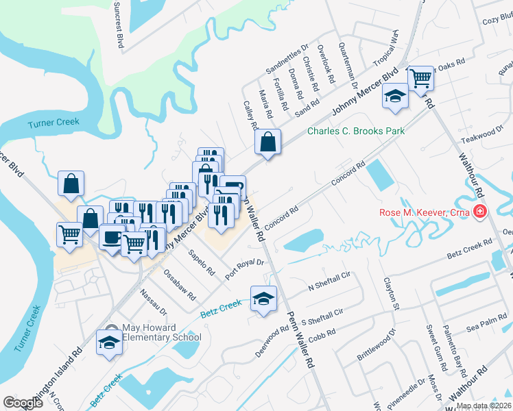 map of restaurants, bars, coffee shops, grocery stores, and more near 128 Wassaw Road in Savannah