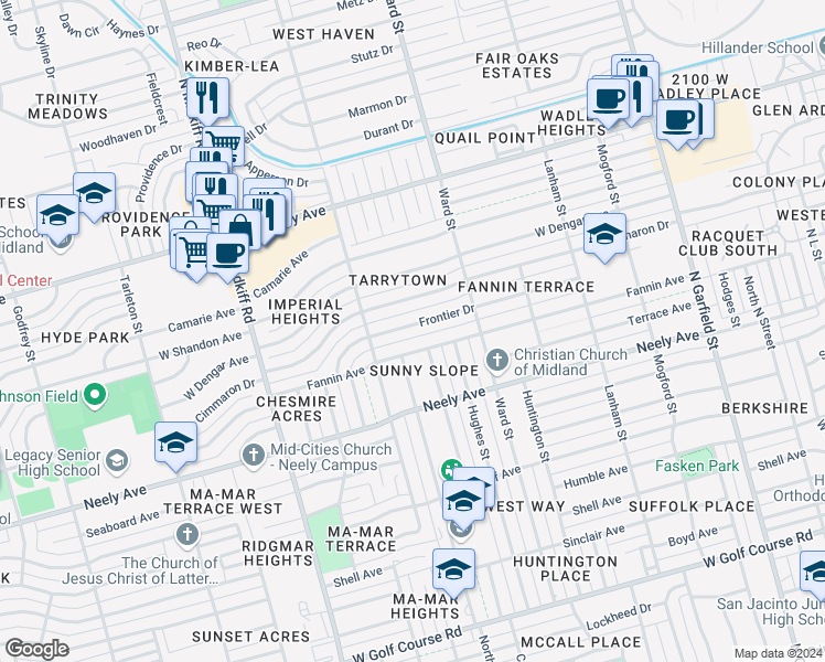 map of restaurants, bars, coffee shops, grocery stores, and more near 2817 Frontier Drive in Midland