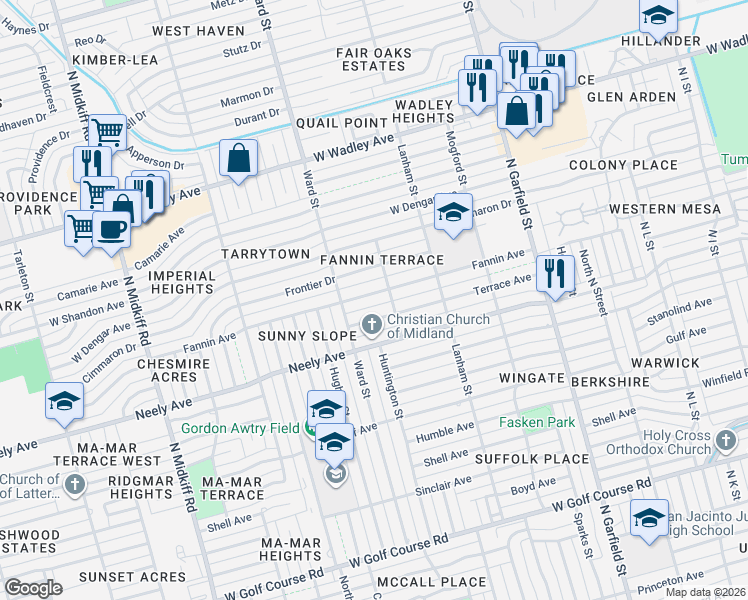 map of restaurants, bars, coffee shops, grocery stores, and more near 2608-2610 Terrace Avenue in Midland