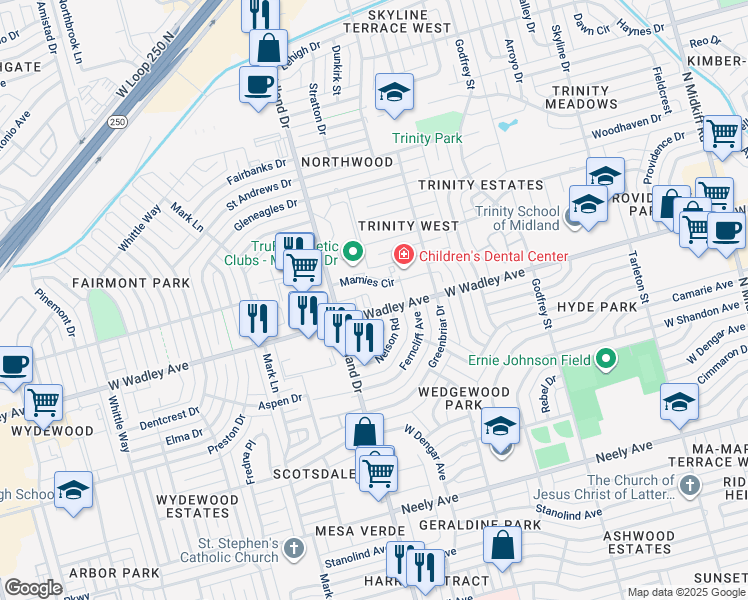 map of restaurants, bars, coffee shops, grocery stores, and more near 4201 West Wadley Avenue in Midland