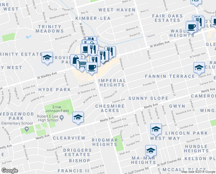 map of restaurants, bars, coffee shops, grocery stores, and more near 3224 West Dengar Avenue in Midland
