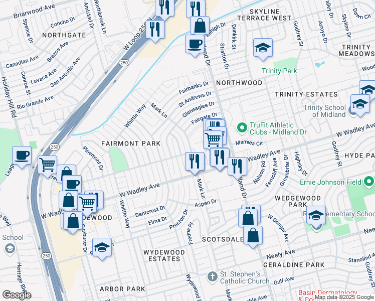 map of restaurants, bars, coffee shops, grocery stores, and more near 3405 Mark Lane in Midland