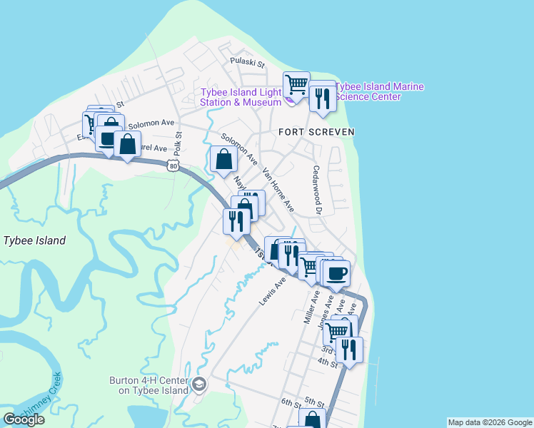 map of restaurants, bars, coffee shops, grocery stores, and more near 38 Bright Street in Tybee Island