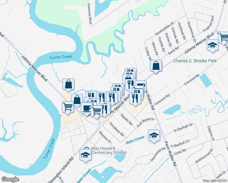 map of restaurants, bars, coffee shops, grocery stores, and more near 28 Clipper Court in Savannah