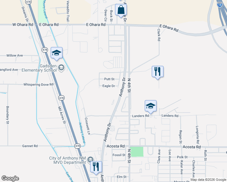 map of restaurants, bars, coffee shops, grocery stores, and more near 1275 Anthony Drive in Anthony