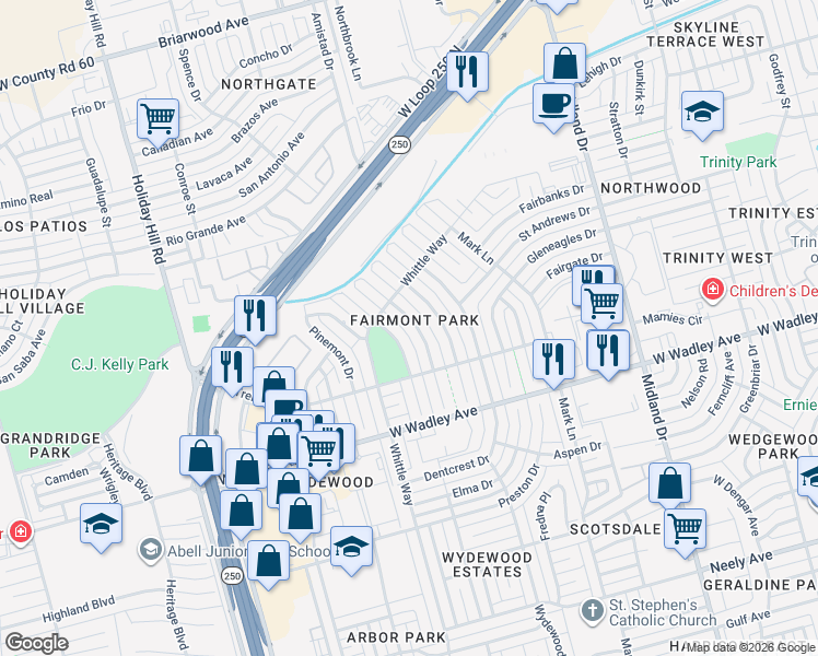 map of restaurants, bars, coffee shops, grocery stores, and more near 3509 Crestmont Drive in Midland