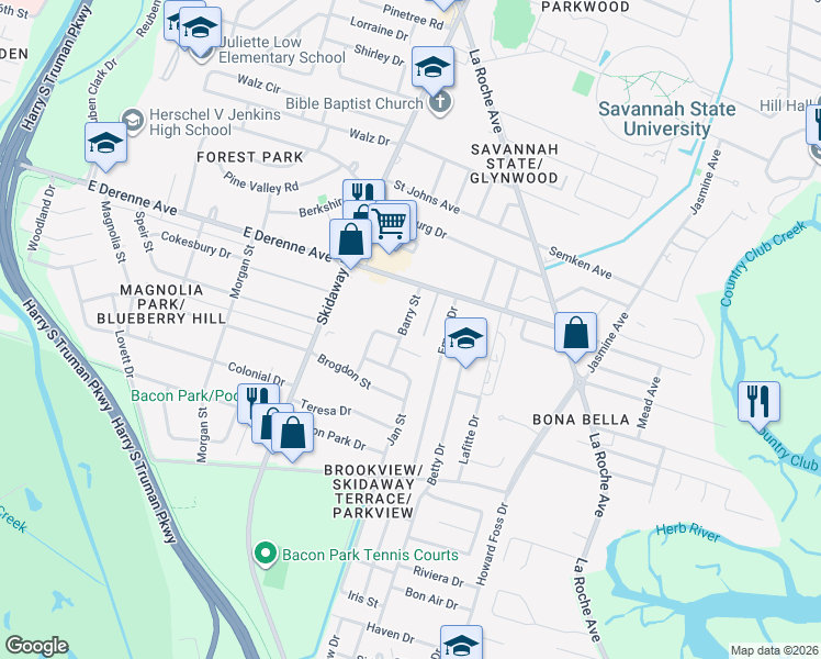 map of restaurants, bars, coffee shops, grocery stores, and more near 5430 Barry Street in Savannah