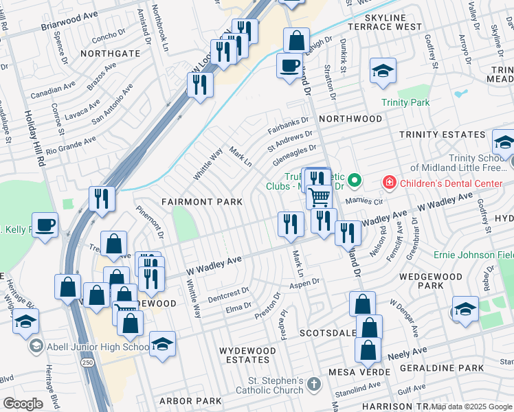 map of restaurants, bars, coffee shops, grocery stores, and more near 3502 Claremont Drive in Midland
