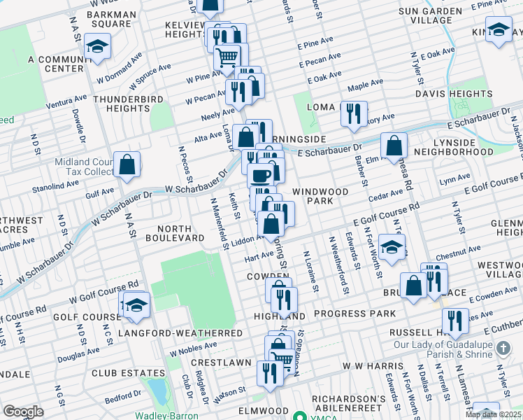 map of restaurants, bars, coffee shops, grocery stores, and more near 2007 North Big Spring Street in Midland