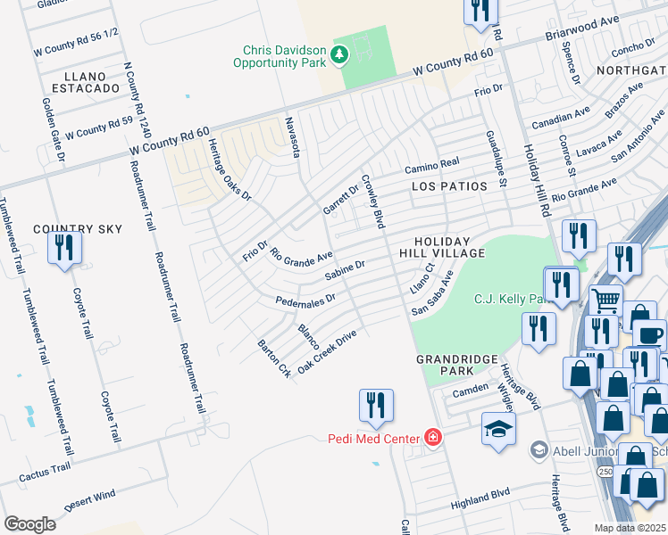 map of restaurants, bars, coffee shops, grocery stores, and more near 5903 Rio Grande Avenue in Midland