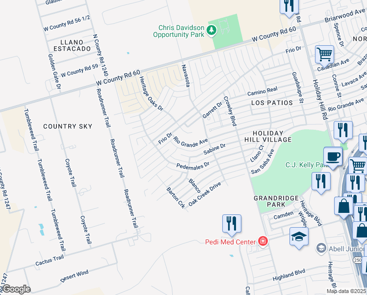 map of restaurants, bars, coffee shops, grocery stores, and more near 5908 Rio Grande Avenue in Midland