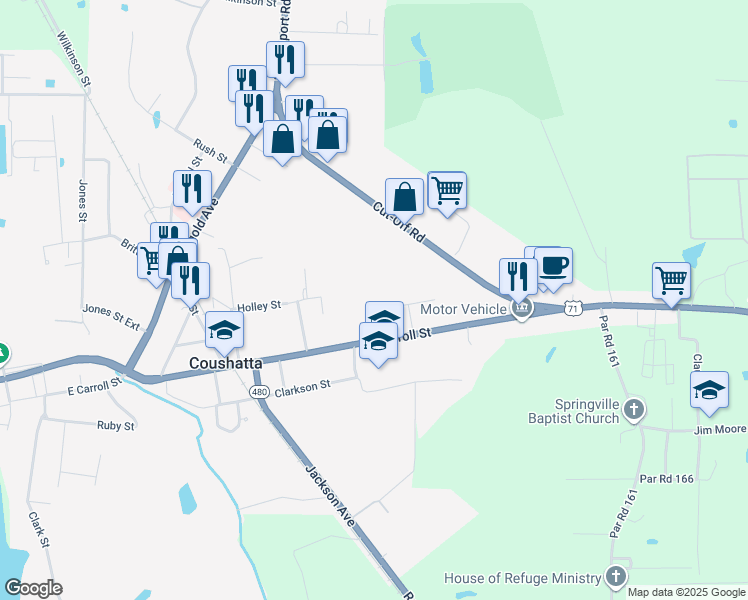 map of restaurants, bars, coffee shops, grocery stores, and more near 24 Second Street in Coushatta