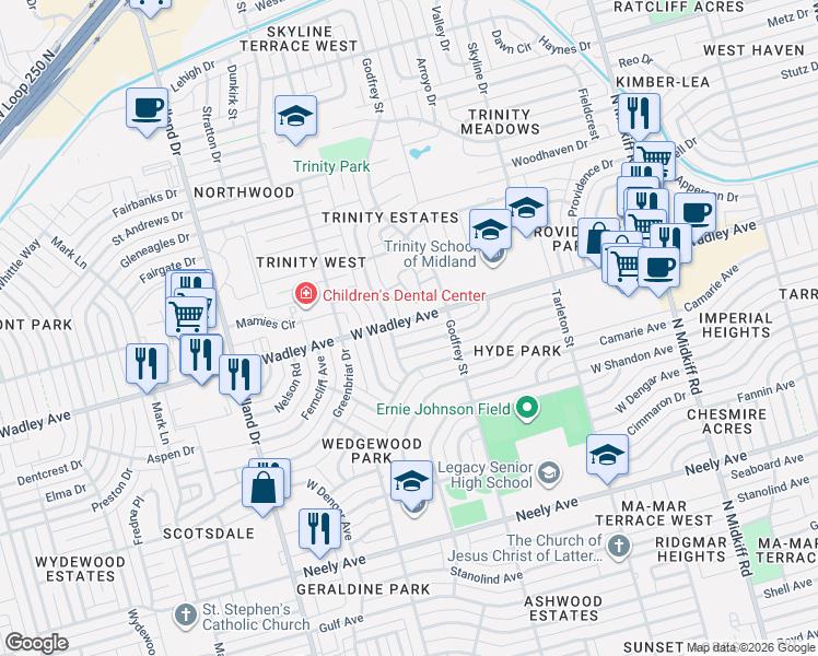 map of restaurants, bars, coffee shops, grocery stores, and more near 3600-3698 West Wadley Avenue in Midland