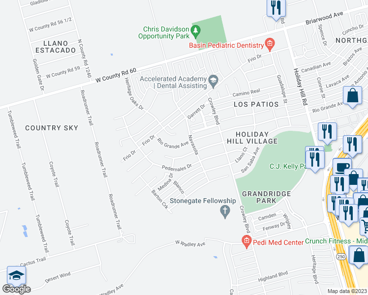 map of restaurants, bars, coffee shops, grocery stores, and more near 5907 Rio Grande Avenue in Midland