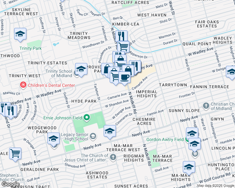 map of restaurants, bars, coffee shops, grocery stores, and more near 3312 Camarie Avenue in Midland