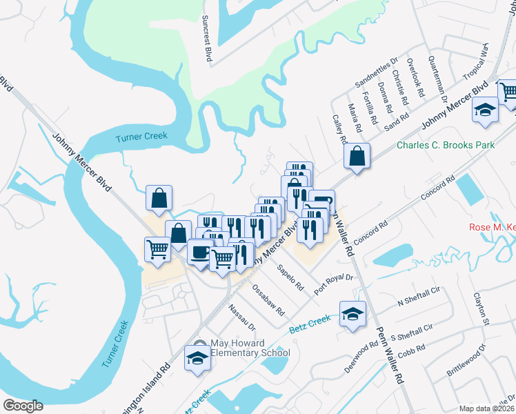 map of restaurants, bars, coffee shops, grocery stores, and more near 16 Scuppers Court in Savannah