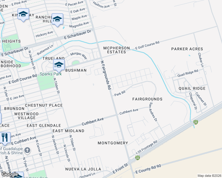map of restaurants, bars, coffee shops, grocery stores, and more near 1320 North Fairgrounds Road in Midland