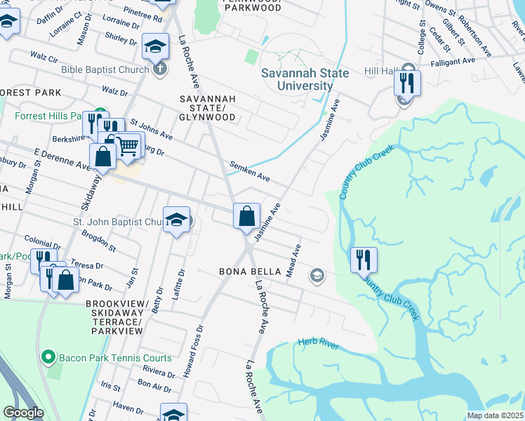 map of restaurants, bars, coffee shops, grocery stores, and more near 5215 Jasmine Avenue in Savannah