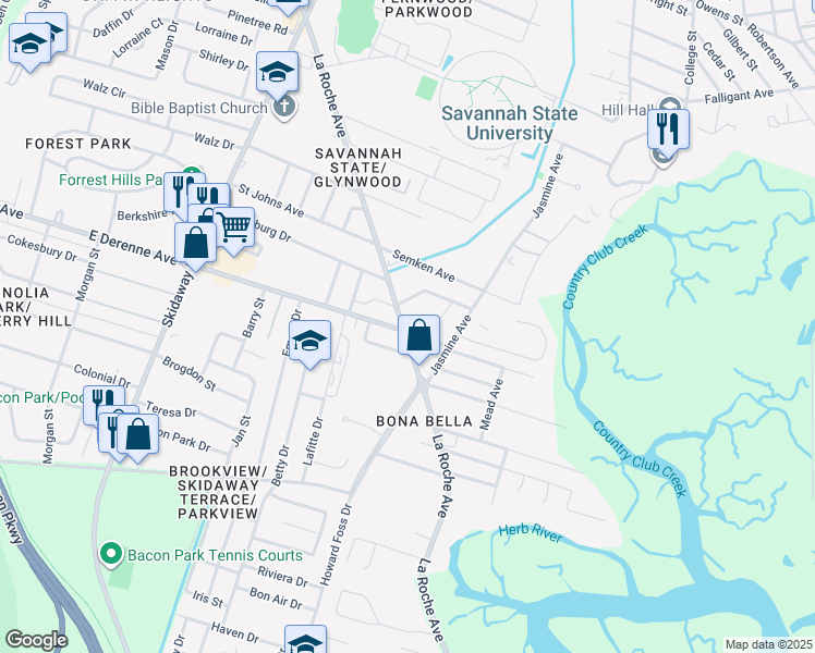 map of restaurants, bars, coffee shops, grocery stores, and more near 13 Oak Forest Lane in Savannah