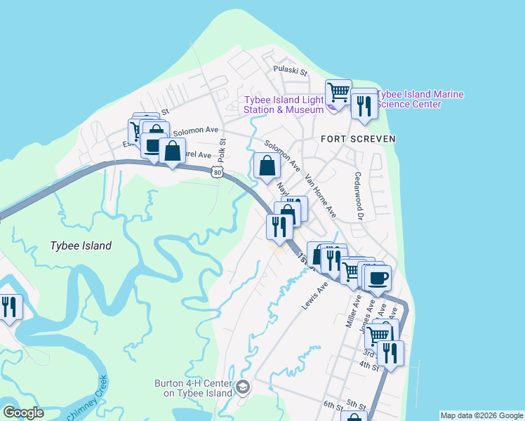 map of restaurants, bars, coffee shops, grocery stores, and more near 206 Eagles Nest Drive in Tybee Island