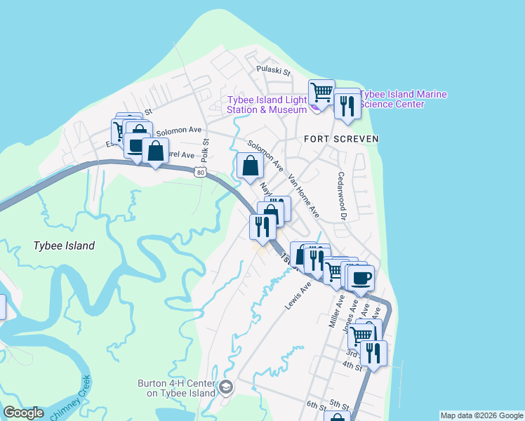 map of restaurants, bars, coffee shops, grocery stores, and more near 817 1st Street in Tybee Island