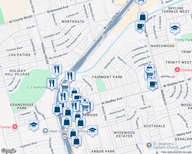 map of restaurants, bars, coffee shops, grocery stores, and more near 3606 Springmont Drive in Midland