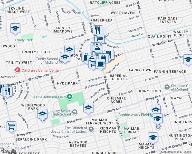 map of restaurants, bars, coffee shops, grocery stores, and more near 3312 Camarie Avenue in Midland