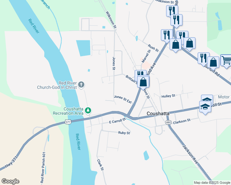 map of restaurants, bars, coffee shops, grocery stores, and more near 1910 Jones Street in Coushatta