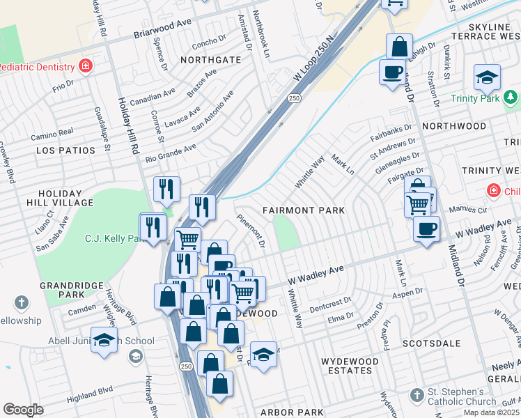 map of restaurants, bars, coffee shops, grocery stores, and more near 3606 Springmont Dr in Midland