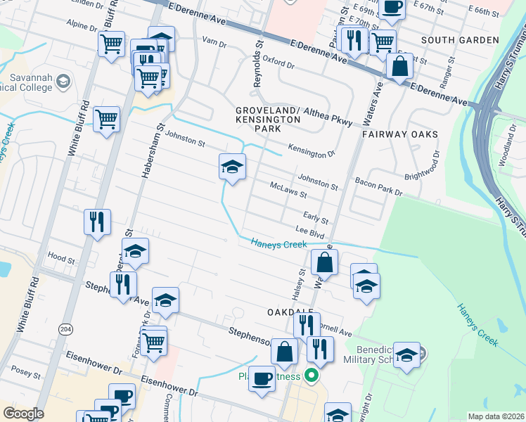 map of restaurants, bars, coffee shops, grocery stores, and more near 508 Lee Boulevard in Savannah