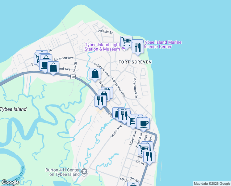 map of restaurants, bars, coffee shops, grocery stores, and more near 38 Bright Street in Tybee Island