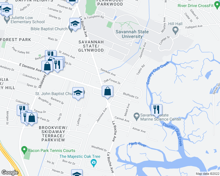 map of restaurants, bars, coffee shops, grocery stores, and more near 13 Oak Forest Lane in Savannah