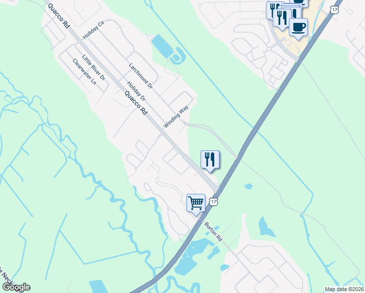 map of restaurants, bars, coffee shops, grocery stores, and more near 124 Quacco Rd in Savannah