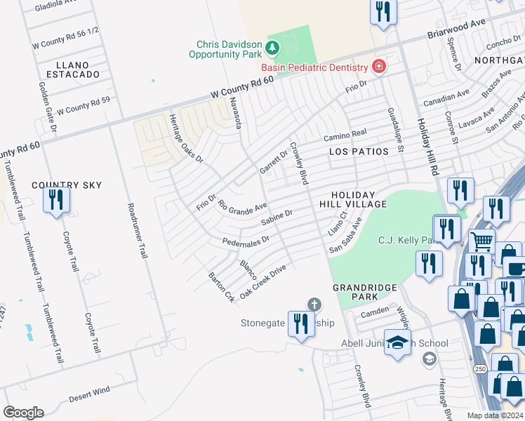 map of restaurants, bars, coffee shops, grocery stores, and more near 5903 Rio Grande Avenue in Midland