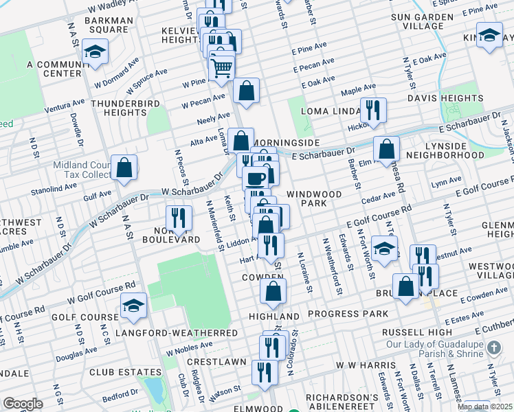 map of restaurants, bars, coffee shops, grocery stores, and more near 2007 North Big Spring Street in Midland