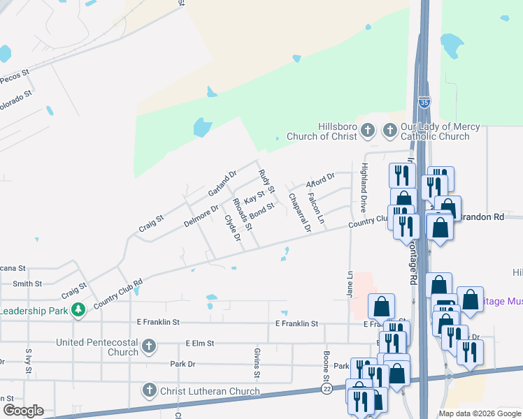 map of restaurants, bars, coffee shops, grocery stores, and more near 415 Bond Street in Hillsboro