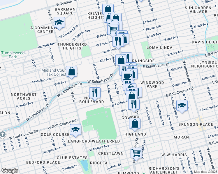 map of restaurants, bars, coffee shops, grocery stores, and more near 506 George Avenue in Midland