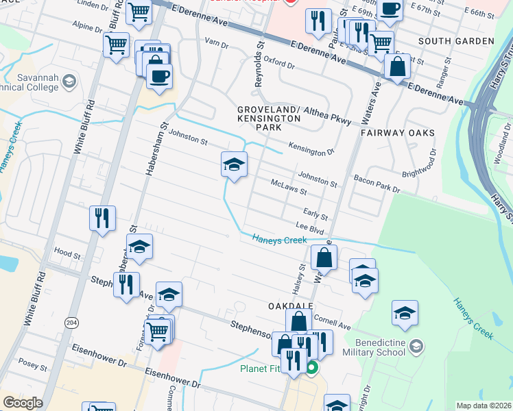 map of restaurants, bars, coffee shops, grocery stores, and more near 508 Lee Boulevard in Savannah