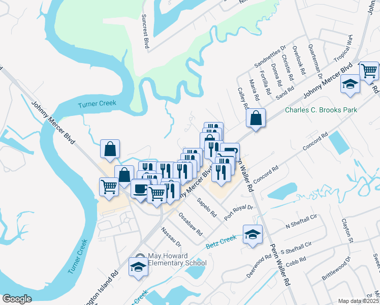 map of restaurants, bars, coffee shops, grocery stores, and more near 28 Clipper Court in Savannah