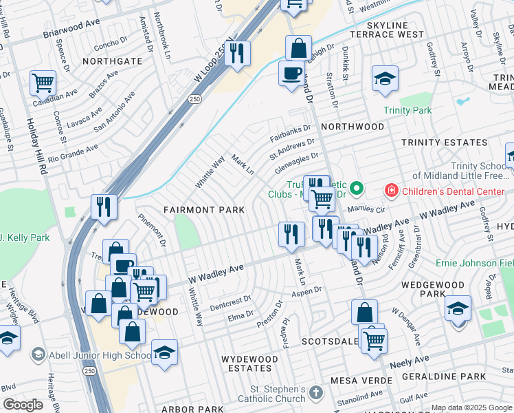 map of restaurants, bars, coffee shops, grocery stores, and more near 3502 Claremont Dr in Midland