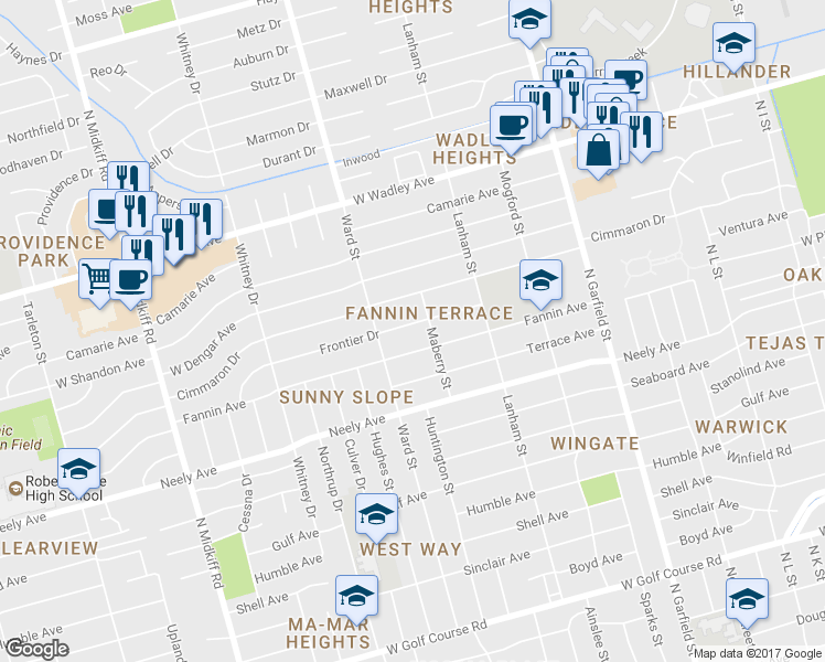 map of restaurants, bars, coffee shops, grocery stores, and more near 2605 Frontier Drive in Midland