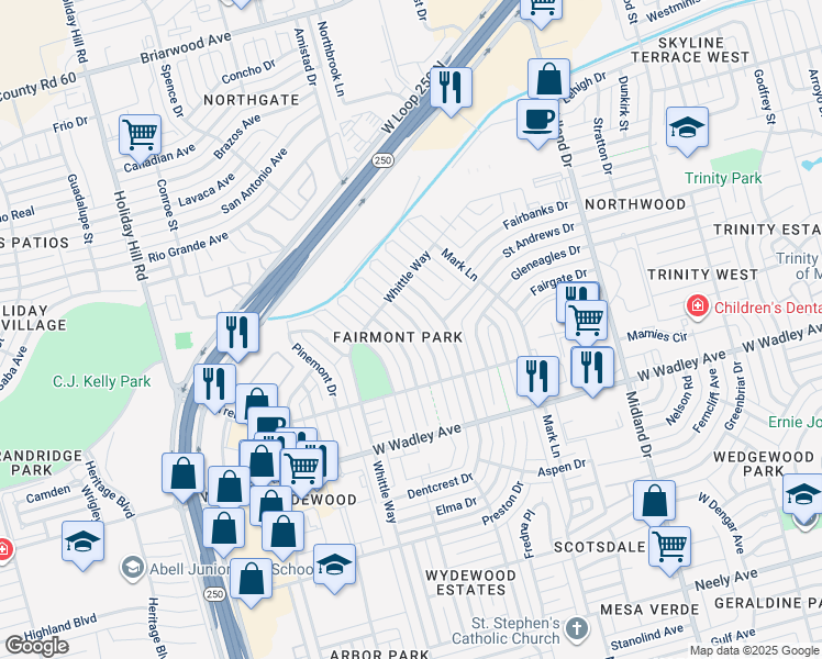 map of restaurants, bars, coffee shops, grocery stores, and more near 3509 Crestmont Drive in Midland