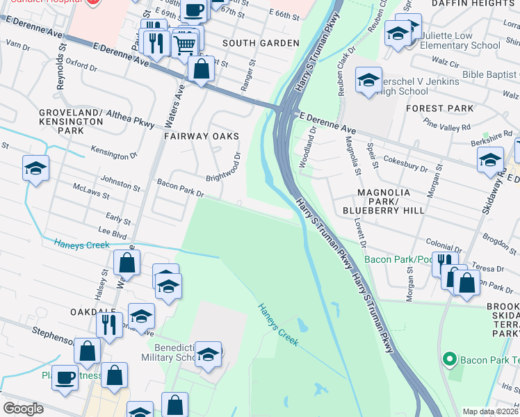 map of restaurants, bars, coffee shops, grocery stores, and more near 1406 Bacon Park Drive in Savannah