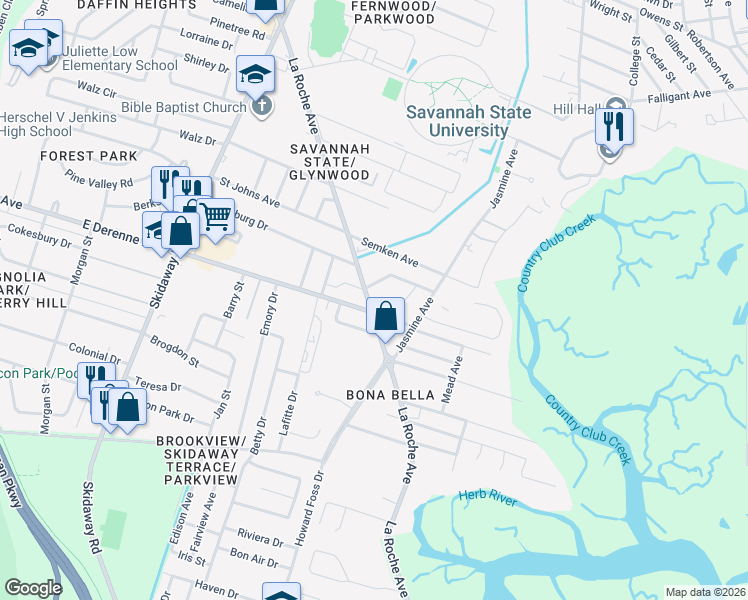 map of restaurants, bars, coffee shops, grocery stores, and more near 13 Oak Forest Lane in Savannah