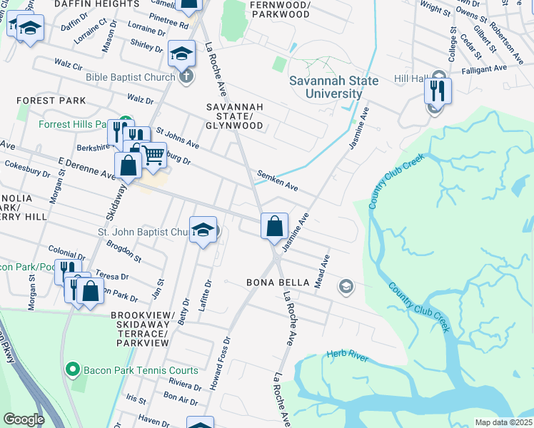 map of restaurants, bars, coffee shops, grocery stores, and more near 13 Oak Forest Lane in Savannah